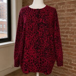 Red Black Leopard Print Cotton Button Front‎ Cardigan Eclectic Bold Layering 2XL